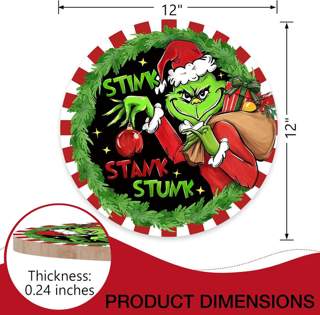 Deroro Christmas Stink Stank Stunk Front Door Sign, Xmas Green Wood Door Hanger Outdoor Outside Porch Decor, Red Stripes Holiday Wooden Wreath Indoor Wall Hanging Decoration