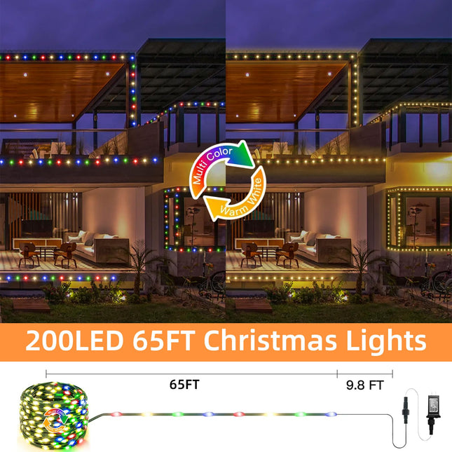 Anycosy Christmas Dual Color Change String Lights,65FT 200LED Outdoor Waterproof Christmas Tree Lights,8 Modes and Timer String Lights for Xmas Holiday Decorations Warm White/Multi Color