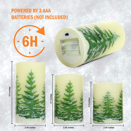 Rocinha Christmas Flameless Candles with Timer Battery Operated Flickering Candles Set of 3 Real Wax Christmas Pillar Candles with Christmas Tree Printing
