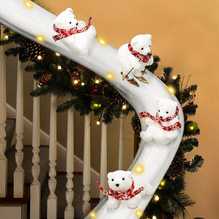 Polar Bear Christmas Staircase Decorations Set Banister Christmas Decorations with 4PCS Skiing Polar Bears & Artificial Snow & LED Lamp Belt, for Home Interior Christmas Stairs Decorations