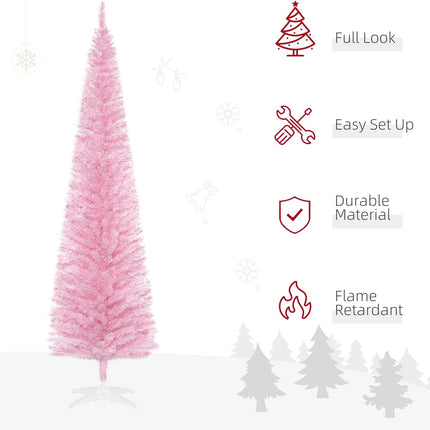 HOMCOM 7' Artificial Pencil Christmas Tree, Slim Xmas Tree with 499 Realistic Branch Tips and Plastic Stand, Pink