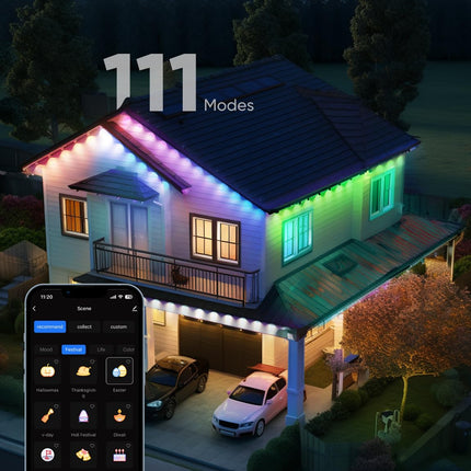 Permanent Outdoor Lights 100ft with 111 Lighting Scenes, 105° Optimal Light Angle, for Halloween Christmas, Work with Alexa, Google Assistant, IP67 Waterproof, Smart RGB Outdoor Lights 72 LEDs