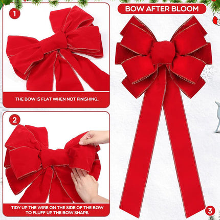 Yinkin 15'' x 44'' Extra Large Christmas Bow Bulk Ribbon Velvet Wreath Bows with Gold Edge Christmas Handmade Tree Topper Ornament for Wrapping,Xmas Outdoor Indoor Home Decor (12 Pcs)