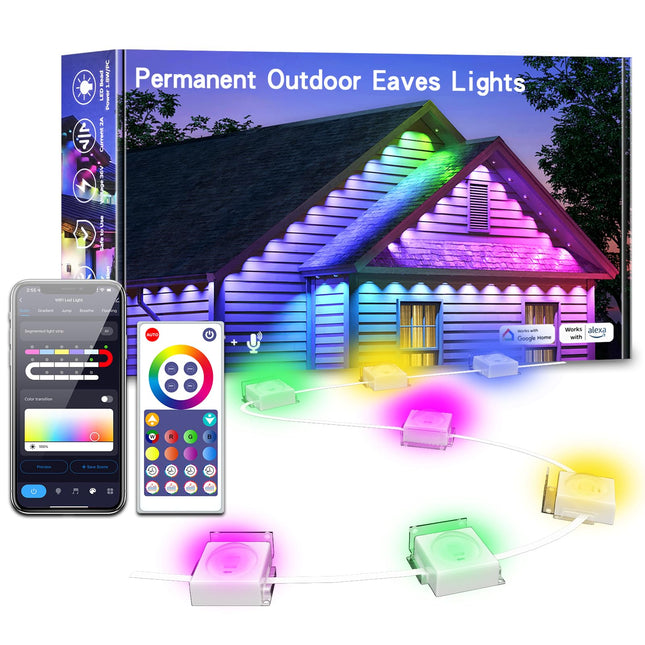 Smart Permanent Outdoor Lights, 100ft Smart Eave Lights with 72 LED Bulbs IP67 Waterproof DIY Multicolor for Christmas Halloween Party House Decor, Work with APP/Alexa/Google Assistant