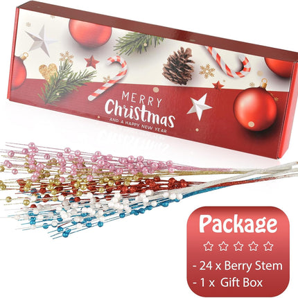 Christmas Artificial Glitter Berry Stem Decorations Decorative Bead Sticks Xmas Picks Glittery Twigs Branches for Christmas Tree Wreath Vase Home Decor Party Ornaments Blue 24 PCS