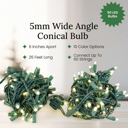 Pro Christmas LED Holiday Lights - 50 Bulbs, 25ft - Professional Grade Indoor Outdoor 5MM Wide Angle Conical Christmas Light Strings for Decorating Home and Outside Trees - 2800K Warm White