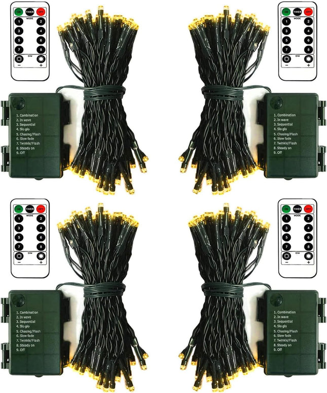 ZAIYW Battery Operated String Lights 4 Pack 16.5Ft 50LED String Lights with Remote Control 8 Modes Timer Christmas Lights Green Wire for Outdoor Garden Party Garlands Xmas Tree Decor (Warm White)