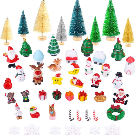 KUUQA 50 Pcs Mini Christmas Ornament Kits,Mini Christmas Trees Bottle Brush Trees with Resin Santa Claus, Snowman, Snowflake, Bell, Elk, Candy Cane for Christmas Party Supplies