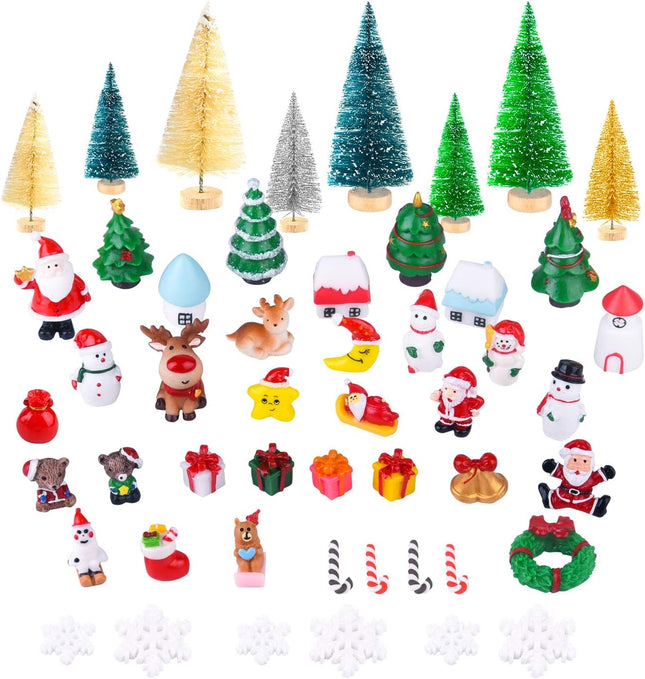 KUUQA 50 Pcs Mini Christmas Ornament Kits,Mini Christmas Trees Bottle Brush Trees with Resin Santa Claus, Snowman, Snowflake, Bell, Elk, Candy Cane for Christmas Party Supplies