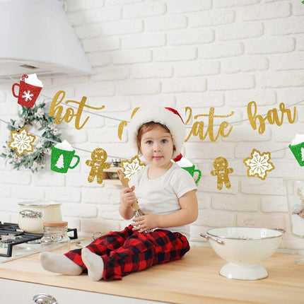 Hot Chocolate Bar Glittery Christmas Banner + Ginger Bread Men+ Snowflakes+ Xmas Cups with Marshmallows Bunting Garland Sign, Perfect Decoration for Merry Sparkly Party Supplies, Winter Theme Favors