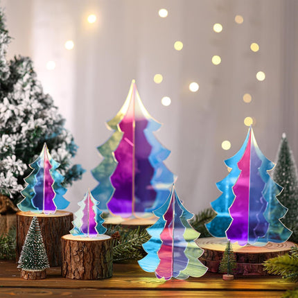 Amyhill 5 Set Holographic Christmas Tree Decor for Fireplace Mantel Iridescent 3D Christmas Tree for Window Shelves Table Centerpieces Modern Frozen Party Decor Winter Decor