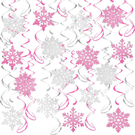 32 Pcs Pink Silver Glitter Snowflake Hanging Swirls Decoration Christmas Ceiling Decorative Streamers Snowflake Ornaments Garland Winter Holiday Wonderland Frozen Party Supplies