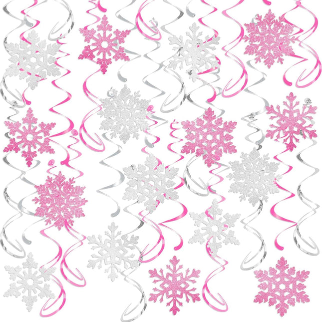 32 Pcs Pink Silver Glitter Snowflake Hanging Swirls Decoration Christmas Ceiling Decorative Streamers Snowflake Ornaments Garland Winter Holiday Wonderland Frozen Party Supplies