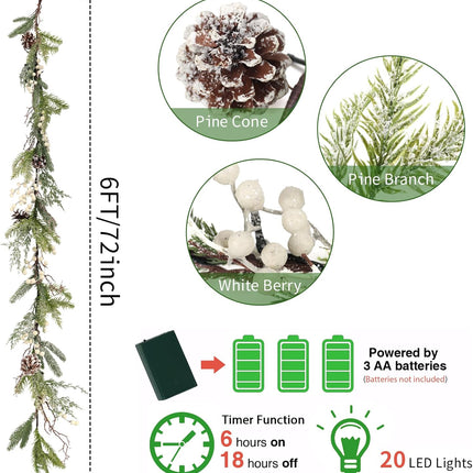 6FT Christmas Garland, Prelit Christmas Garland, Christmas Garland with Lights Snowflake Effect Design with Pinecones, White Berries for Mantel Tabletop Party Home Indoor Outdoor Winter Decor