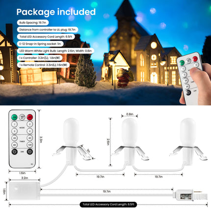 Remote Control Lighting System, 6.5Ft Accessory Cord with 3LED C7 Warm White Bulbs, Built-in 4 Lighting Modes and Timer, Perfect for Halloween Christmas Village and Homemade Craft Decorations