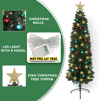 XmasExp Green Skinny Pencil Christmas Tree, 5ft Artificial Slim Thin Christmas Tree with Warm LED Lights String 8 Lighting Modes and Christmas Ball Onaments