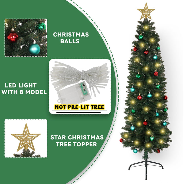XmasExp Green Skinny Pencil Christmas Tree, 5ft Artificial Slim Thin Christmas Tree with Warm LED Lights String 8 Lighting Modes and Christmas Ball Onaments