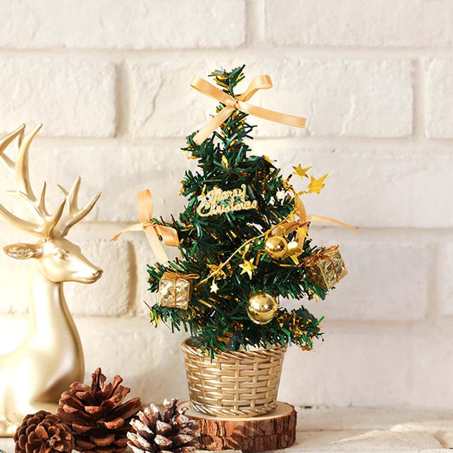 Mini Christmas Tree 8 Inch Gold Table Top Christmas Trees Artificial Tiny Miniature Xmas Tree with Snow Bow Snowflake Green Fake Trees for Indoor Tabletop Desktop Bedroom Decorations C00157