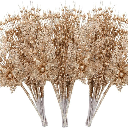 28 Pack Christmas Tree Picks and Sprays, Rose Gold Christmas Ornaments Artificial Glitter Berry Stems Branches Picks Twigs for Xmas Tree Small Vase Filler Home Holiday Wedding Party Decor