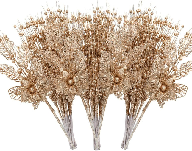 28 Pack Christmas Tree Picks and Sprays, Rose Gold Christmas Ornaments Artificial Glitter Berry Stems Branches Picks Twigs for Xmas Tree Small Vase Filler Home Holiday Wedding Party Decor