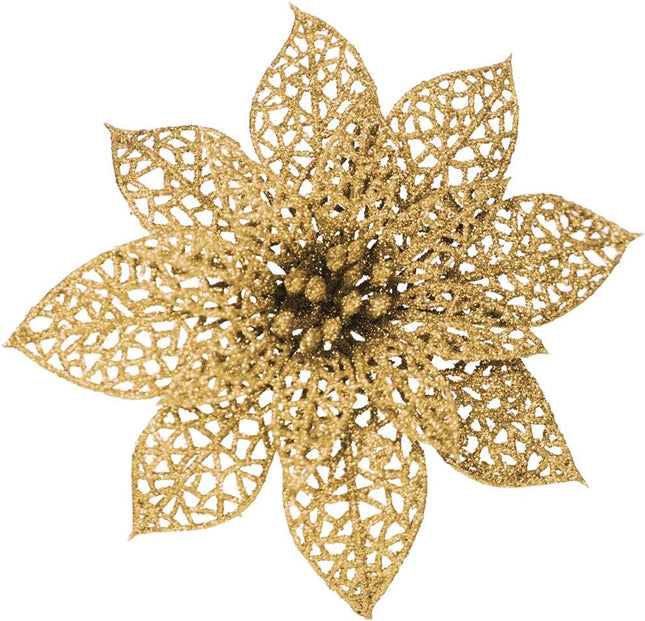 Supla 24 Pack Christmas Gold Glitter Poinsettia Flowers Picks Christmas Tree Ornaments 5.9" Wide for Gold Christmas Tree Wreaths Garland Holiday Seasonal Wedding Decorations White Box Included