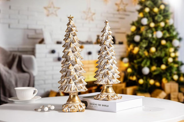 BUTILIVEEN Gold Christmas Tree Figurines Set of 2, Vintage Christmas Decor for Tabletop and Mantle, Xmas Centerpieces, 12.2 inches to 14.8 inches Tall, Resin