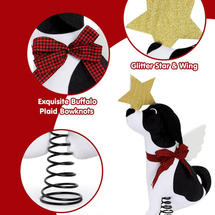Dog Christmas Tree Topper with Glitter Star & Wings Xmas Tree Ornament Black and White Puppy Winter Holidays Home Decoration Puppy Wreath Attachment Festive Ideas Supplies