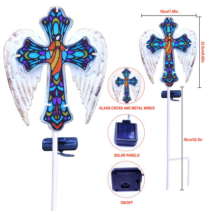 YJFWAL Solar Glass Cross Garden Stake Light, Cemetery Decorations for Grave Outdoor Lights, Jesus Cross Angel Wings Sympathy Memorial s, for Halloween Christmas Garden Lawn Yard Patio Decor