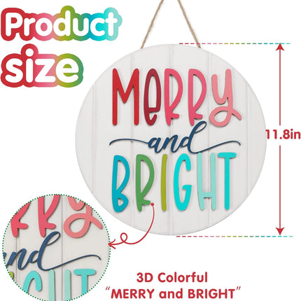 3D Christmas Merry and Bright Ornament Door Hanger Farmhouse Style Christmas Front Door Sign Christmas Decor Wooden Wreath (MERRY&BRIGHT)