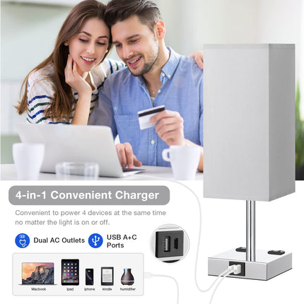 Bedside Table Lamp Touch Control, with USB C+A Charging Ports & Dual AC Outlets, 3-Way Nightstand Lamp for Bedroom with LampShade Living Room Office(LED Dimmable Bulb Included)