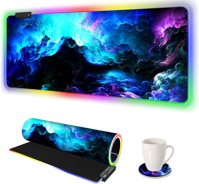 ARTSO RGB Gaming Mouse Pad Large, Extended LED Mouse Mat XXL 35.4x15.7 inch, 14 Lighting Modes, 2 Brightness, Non-Slip Rubber Base Mousepad Waterproof Keyboard Mat,Fantasy Nebula Sky