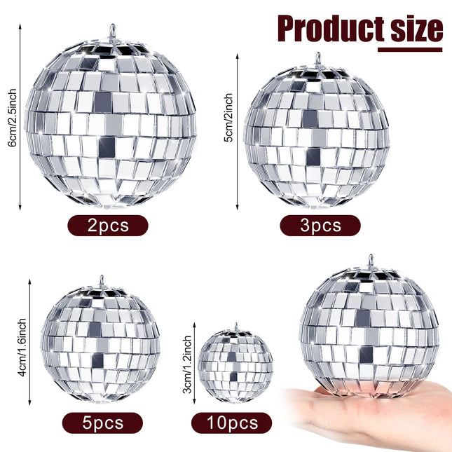 MTLEE Christmas Disco Balls Ornaments Hanging Mini Mirror Disco Balls with Rope Different Size Cake Topper Bulk Disco Themed Party Decorations Birthday Supplies(2.4 Inch, 2 Inch, 1.6 Inch, 1.2 Inch)