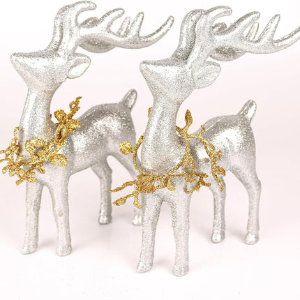 2 pcs Reindeer Christmas Decorations, Silver Christmas Reindeer Figurines with Gold Eucalyptus Garland, Indoor Deer Décor Christmas Table Centerpieces Decorations
