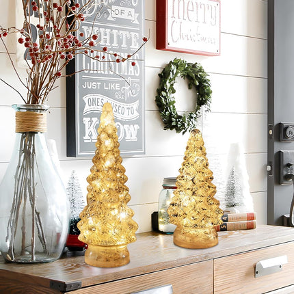 PHITRIC Christmas Decorations Indoor, 2 PCS Sparkling Glass Christmas Tree Table Decorations with LED Lights, Lighted Xmas Tree Decorations with Timer for Home Mantel Shelf Table Decor