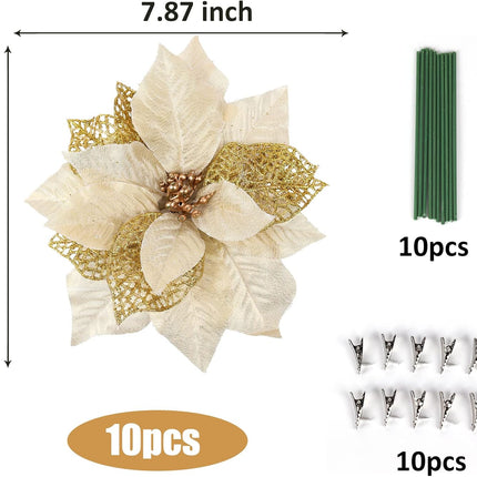 RECUTMS Pack of 10 Glitter Artificial Poinsettia Flowers Christmas Wreath Christmas Tree Flowers with 10 Pcs Green Soft Stings (Gold)
