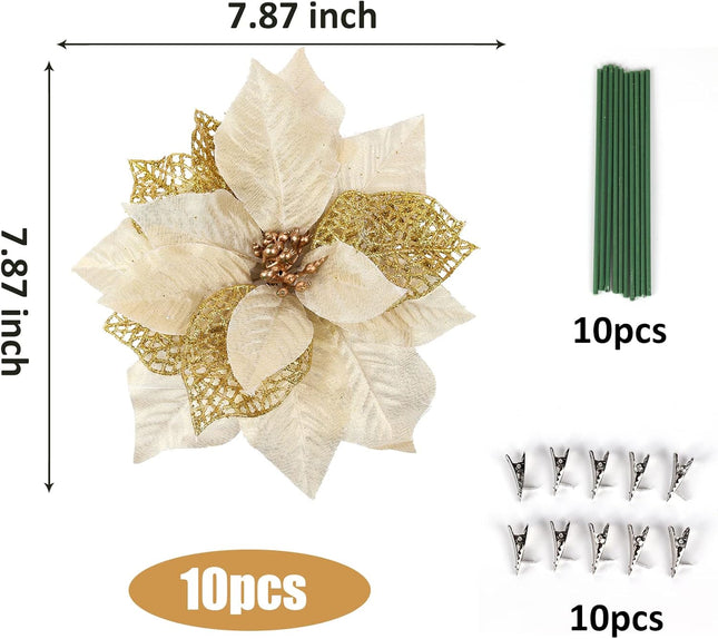 RECUTMS Pack of 10 Glitter Artificial Poinsettia Flowers Christmas Wreath Christmas Tree Flowers with 10 Pcs Green Soft Stings (Gold)
