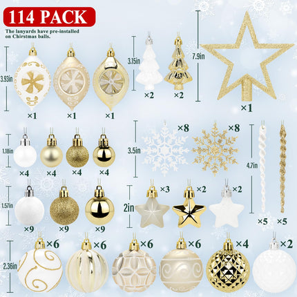 114 Pcs White and Gold Christmas Ball Ornaments Set, Xmas Tree Ornament Bulk Decoration, Shatterproof Decorative Hanging Baubles for Party Holiday Wreath Garland Home Decor