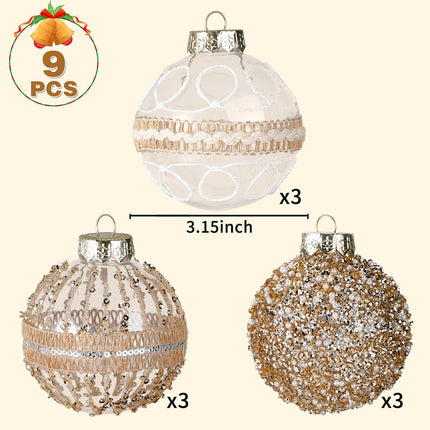 9 Pcs 80mm/3.15" Christmas Ball Ornaments Set, Large Clear Champagne Christmas Tree Decorations Plastic Shatterproof Hanging Balls for Xmas Glitter Farmhouse Boho Ornaments for Holiday Wedding Party