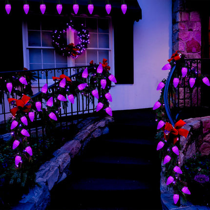 C9 Christmas Lights Outdoor Christmas Decorations,31Ft 50 LED Purple Christmas Lights Outdoor Waterproof, 8 Modes Purple Lights for Halloween Christmas Yard Patio Party Decor