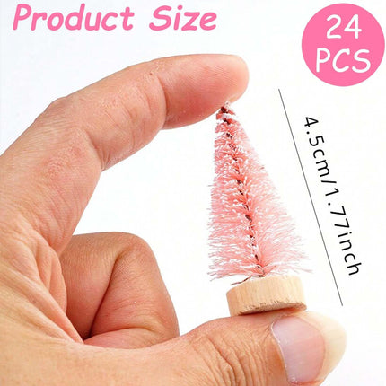 24Pcs Christmas Decorations Mini Christmas Trees, Artificial Christmas Tree Bottle Brush Trees with Wooden Base for Christmas Decor Christmas Party Home Table Craft-Pink