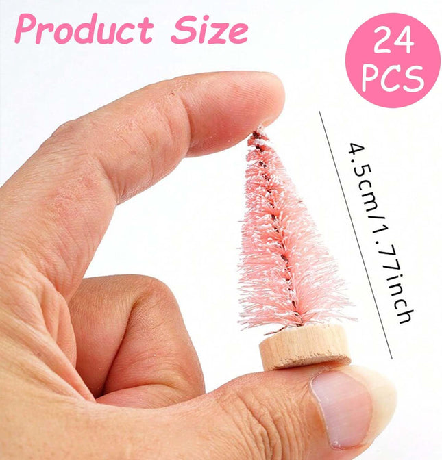 24Pcs Christmas Decorations Mini Christmas Trees, Artificial Christmas Tree Bottle Brush Trees with Wooden Base for Christmas Decor Christmas Party Home Table Craft-Pink
