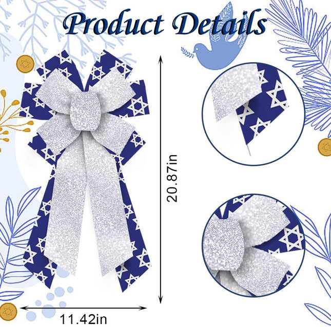 ABTOLS Large Hanukkah Bows for Wreath, Blue Silver Glitter Hanukkah Wreath Bows Star of David Color Bows for Front Door, Jewish Christmas Ornament Tree Topper Bows for Hanukkah Indoor Outdoor Decor