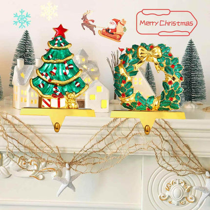Stocking Holders for Mantel, Christmas Stocking Hangers for Fireplace, Xmas Wreath Theme Holders Stocking Hooks for Mantelpiece, Metal Christmas Tree Stocking Hangers for Xmas Decoration