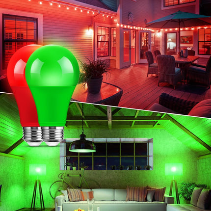 Red and Green Light Bulbs 9W (60W Equivalent), E26 Base, 4-Pack (2 Red and 2 Green) for Halloween, Christmas, Party, Home Lighting, Porch Decoration, Energy Efficient, Indoor/Outdoor Use