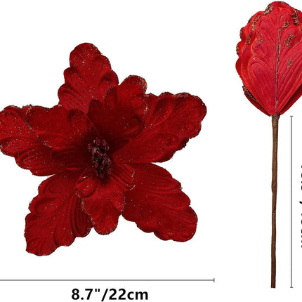 10 Pcs Large Poinsettias Christmas Tree Flower Glitter Silk Flower Picks Ornaments for Wreath Garland Wedding Decoration (Dark Red)
