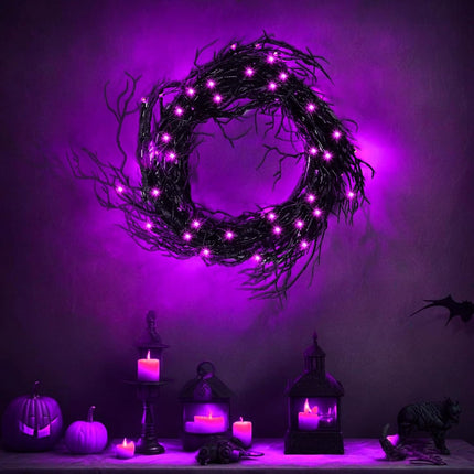 [8 Modes & Timer] 6 Ft 45 LED Halloween Willow Vine Twig Decor Garland Decorations with Purple Lights, Halloween Garland with Battery Operated Waterproof for Home Wall Fireplace Mantle Decorations