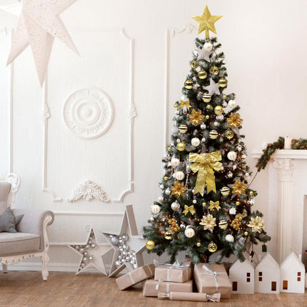 Christmas Tree Decoration Set, 88 Pcs Gold Christmas Ornaments Set with White Gold Christmas Ornaments Balls,Christmas Glitter Poinsettia Flowers,Glitter Berries Stems, Snowflakes, Bow for Christmas