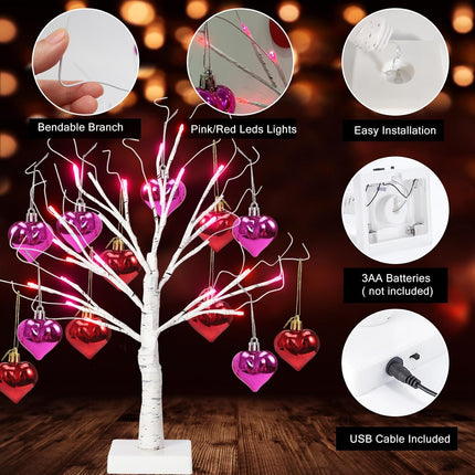 2 PCS 24 Inches Valentines Day Lighted Tabletop Lighted Birch Trees with 18pcs Heart-Shaped Ornaments,Pre-Lit Artificial Tree with Red Pink LEDs Lights for Valentine's Day Party Decor
