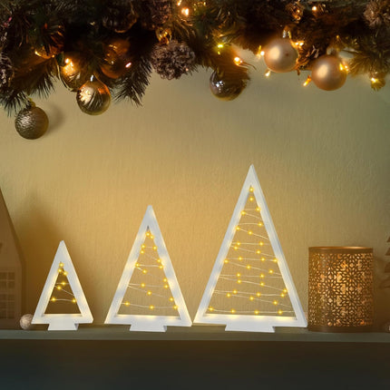 Set of 3 Tabletop Wood Christmas Tree with Lights, Lighted Wooden Triangle Christmas Trees with Remote Timer Farmhouse Holiday Xmas Tree Decorations for Home Fireplace Mantle Decor (White)