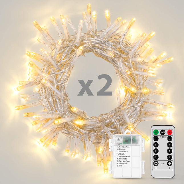 2 Pack Battery Operated String Lights with Remote Timer Waterproof 8 Modes 16.4ft 50 LED String Lights for Bedroom,Garden,Party,Xmas Tree Indoor Outdoor Decorations, Warm White